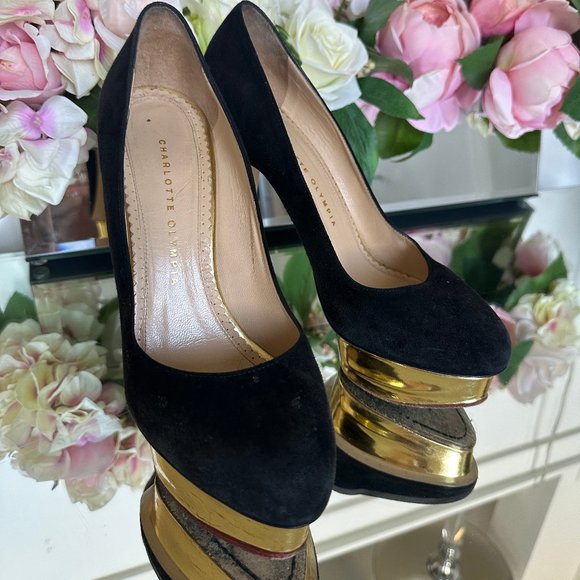 Charlotte Olympia Dolly Black Suede Heel With Gold Platform - Picture 4 of 8